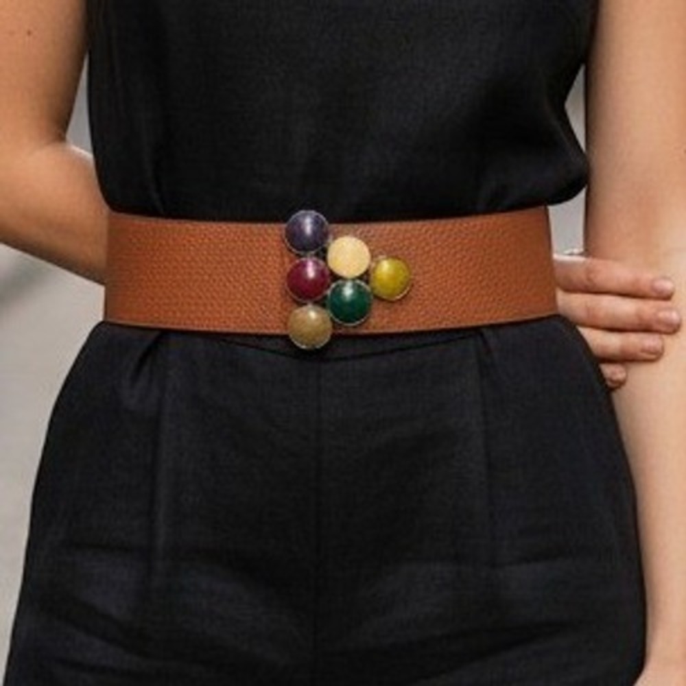 Vintage Italian Leather Belt Womens Brown Multi Color Cabochon‎ Buckle Italy